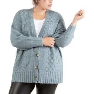 Black Tape Cable Knit Cardigan in Light Teal - 1X